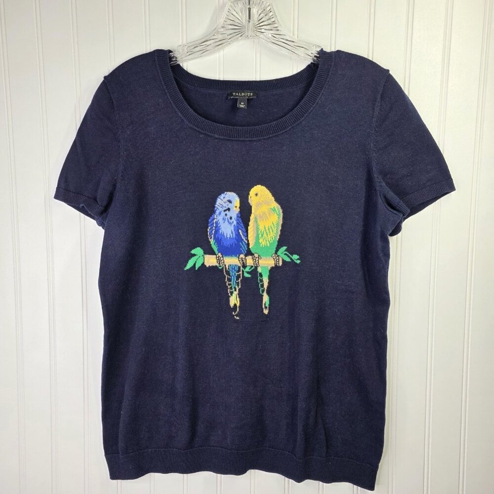 Talbots Sweater Top Womens M Blue Intarsia Birds Short Sleeve Cotton Knit Preppy